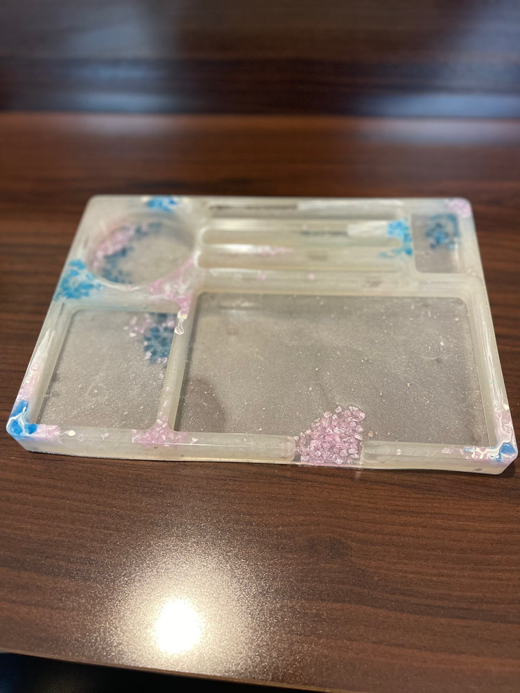 Clear resin catch-all tray with pink botanical corners