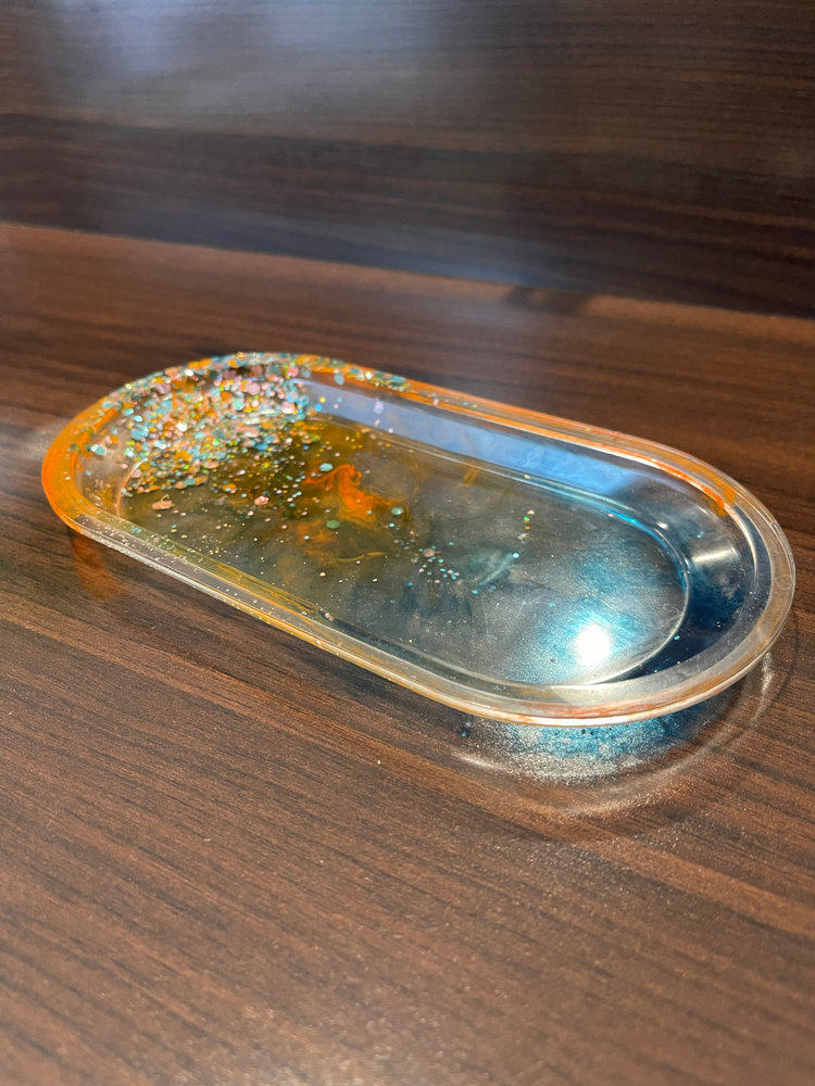 Oval clear resin trinket tray with gold flake