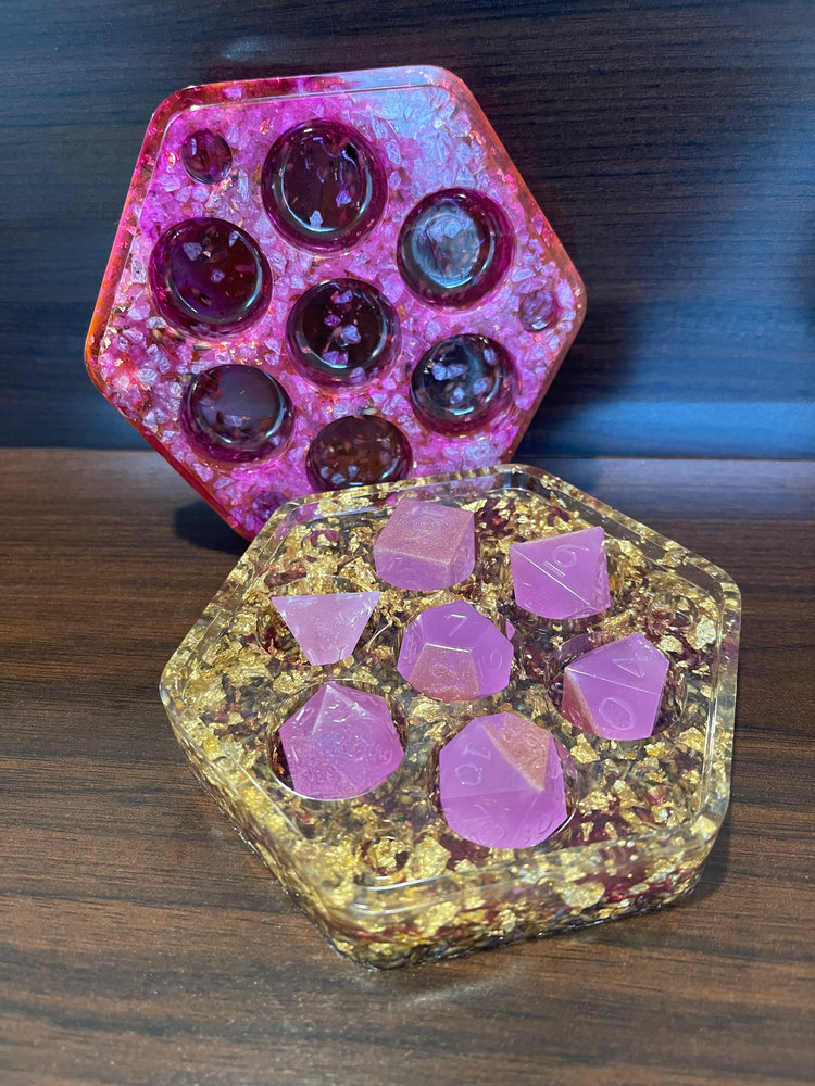 Hexagon resin dice holders with pink and gold inclusions